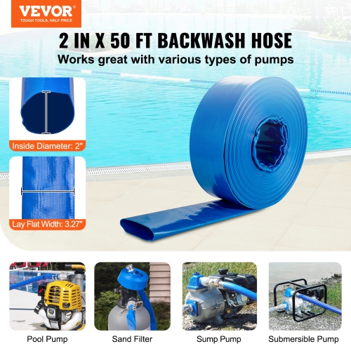 VEVOR Pool Drain Hose, 2 inch by 50 ft, Durable PVC Material, Includes Aluminum Camlock C & E Connectors and Clamps, Fits Pumps and Sand Filters,