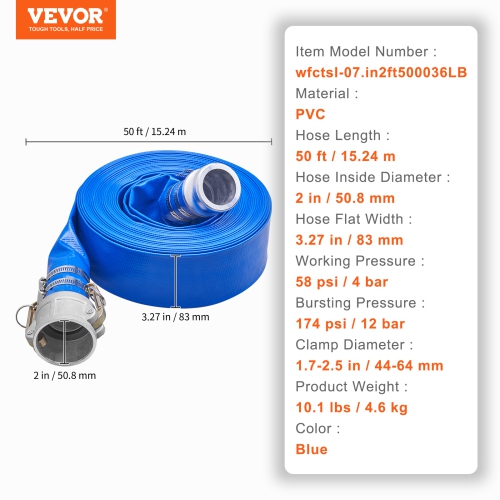 VEVOR Pool Drain Hose, 2 inch by 50 ft, Durable PVC Material, Includes Aluminum Camlock C & E Connectors and Clamps, Fits Pumps and Sand Filters,