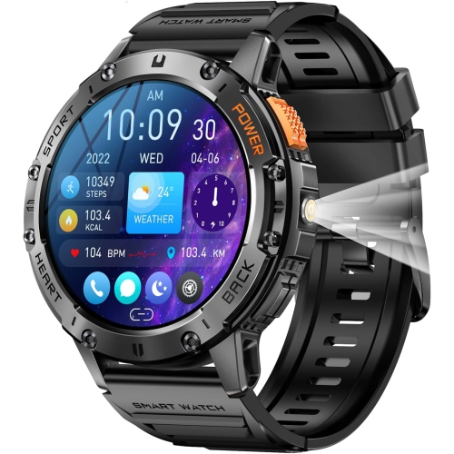 Men's Sports Smartwatch with LED Flashlight, Outdoor Fitness Tracker, Digital Health Blood Pressure Heat Rate Sleep Monitor Smartwatch Black