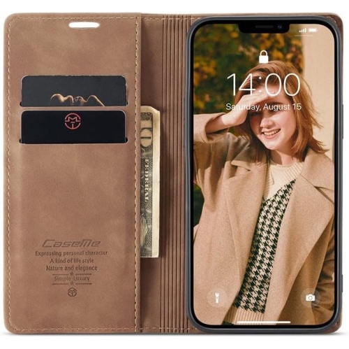 SUPER AFFAIRE - Étui portefeuille antichute rétro en cuir fait à la main de CaseMe Étui portefeuille avec fente pour carte pour iPhone 14 PRO MAX