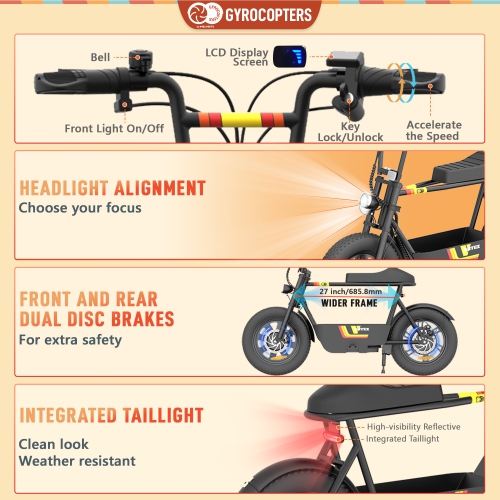 Trottinette électrique Vortex de Gyrocopters avec siège | Coffre-fort UL2272 | Moteur 470 W Peak 16*3 Pneus résistant à l'usure Gros | Vitesse