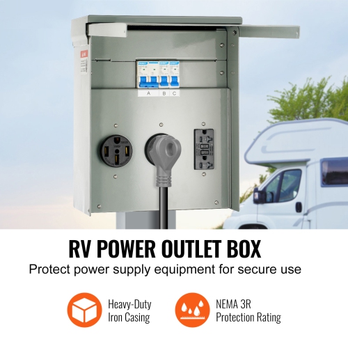 VEVOR 125/250V,Temporary Power Outlet Panel, RV Power Outlet Box with a 20/30/50 Amp Receptacle Installed, NEMA 14-50R / NEMA TT-30R / 15A GFCI for