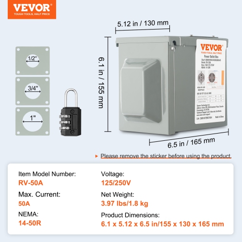 VEVOR 125/250 Volt, 50 Amp RV Power Outlet Box, Enclosed Lockable Outdoor RV Receptacle Box, NEMA 14-50R Weatherproof Electrical Panel, for RV Camper