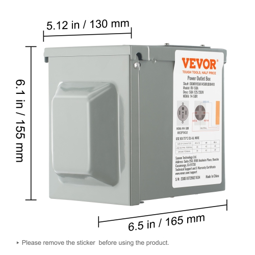 VEVOR 125/250 Volt, 50 Amp RV Power Outlet Box, Enclosed Lockable Outdoor RV Receptacle Box, NEMA 14-50R Weatherproof Electrical Panel, for RV Camper