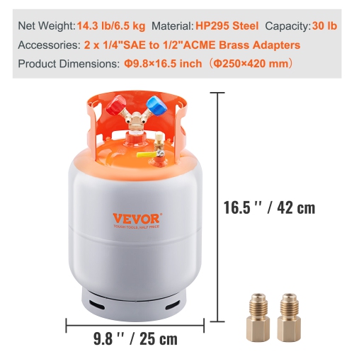 VEVOR 30 LBS Capacity Refrigerant Recovery Tank, 400 psi Portable Cylinder Tank with Y-Valve for Liquid/Vapor, High-sealing Recovery Can for