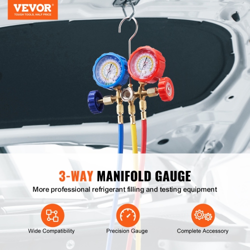 VEVOR 3 Way AC Gauge Set - AC Manifold Gauge Set for R134A R22 R12 R502 Refrigerant, Freon Gauges with 5ft Hoses, Couplers, Can Tap Works on Car Auto