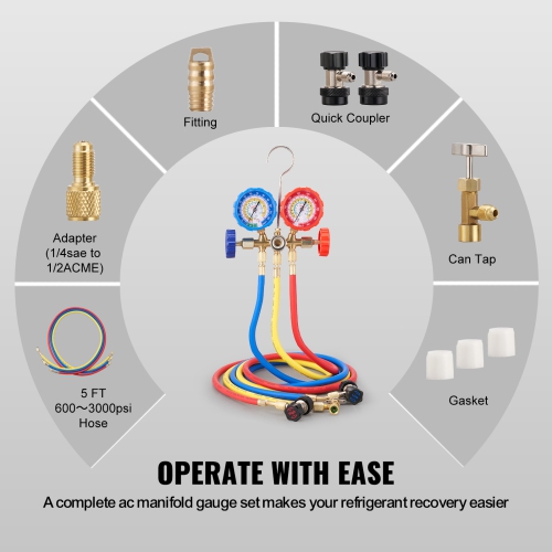 VEVOR 3 Way AC Gauge Set - AC Manifold Gauge Set for R134A R22 R12 R502 Refrigerant, Freon Gauges with 5ft Hoses, Couplers, Can Tap Works on Car Auto