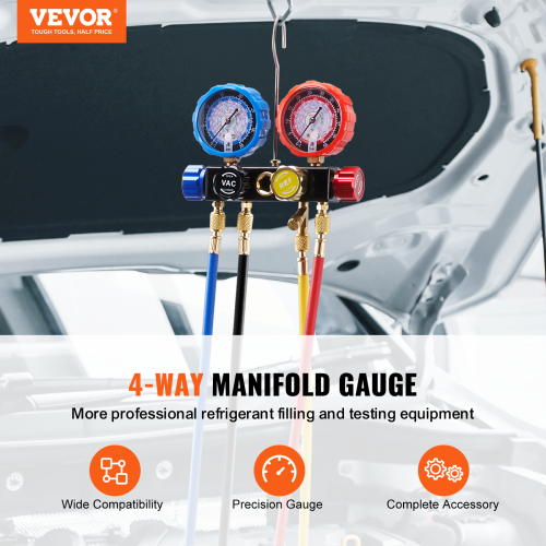 VEVOR 4 Way AC Gauge - AC Manifold Gauge Set for R134A R22 R12 R410A Refrigerant, Freon Gauges with 5ft Hoses, Couplers, Can Tap Works on Car Auto