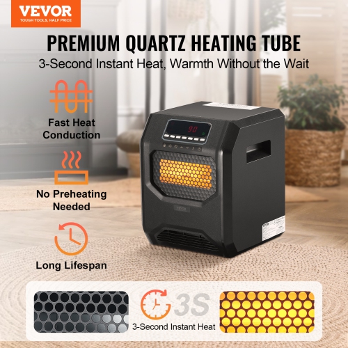 VEVOR 1500W Infrared Heater, Remote Control Electric Space Heater, LED Patio Heater w/ 3 Speeds & Timer & Overheat/Tip-Over Protection & Child Lock,