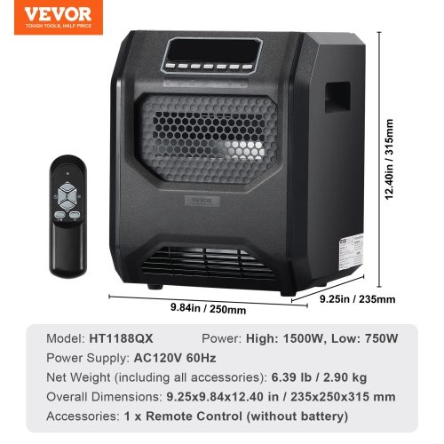 VEVOR 1500W Infrared Heater, Remote Control Electric Space Heater, LED Patio Heater w/ 3 Speeds & Timer & Overheat/Tip-Over Protection & Child Lock,