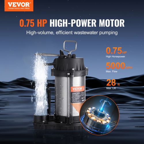 VEVOR 0.75HP 5000 GPH Submersible Sewage Pump, Cast Iron Sewage Water Pump with 28 ft Lift 10 ft Power Cord and Float Switch, Stainless Steel for