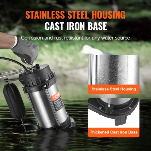 VEVOR 0.75HP 5000 GPH Submersible Sewage Pump, Cast Iron Sewage Water Pump with 28 ft Lift 10 ft Power Cord and Float Switch, Stainless Steel for