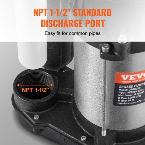 VEVOR 0.75HP 5000 GPH Submersible Sewage Pump, Cast Iron Sewage Water Pump with 28 ft Lift 10 ft Power Cord and Float Switch, Stainless Steel for