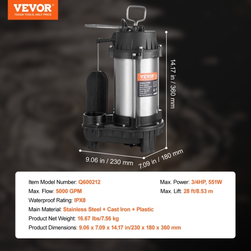 VEVOR 0.75HP 5000 GPH Submersible Sewage Pump, Cast Iron Sewage Water Pump with 28 ft Lift 10 ft Power Cord and Float Switch, Stainless Steel for