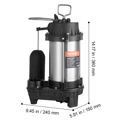 VEVOR 0.75HP 5000 GPH Submersible Sewage Pump, Cast Iron Sewage Water Pump with 28 ft Lift 10 ft Power Cord and Float Switch, Stainless Steel for