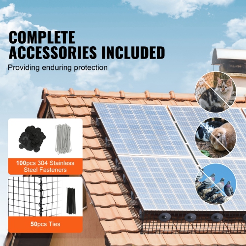 VEVOR 8 inch x 100ft Solar Panel Bird Guard, Critter Guard Roll Kit with 100pcs Aluminum Alloy Fasteners, Solar Panel Guard with Rust-proof PVC