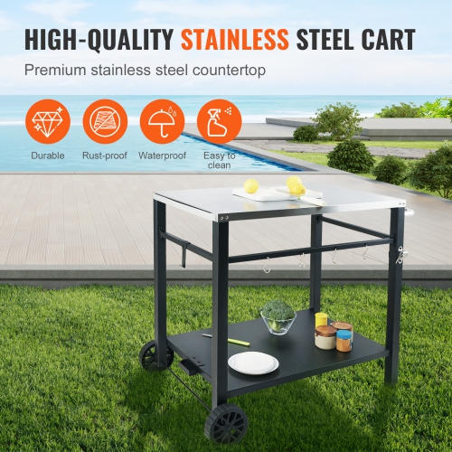 VEVOR Outdoor Grill Dining Cart with Double-Shelf, BBQ Movable Food Prep Table, Multifunctional Stainless Steel Table Top, Portable Modular Carts for