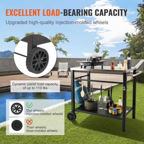 VEVOR Outdoor Grill Dining Cart with Double-Shelf, BBQ Movable Food Prep Table, Multifunctional Stainless Steel Table Top, Portable Modular Carts for