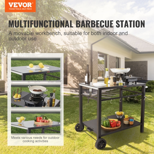 VEVOR Outdoor Grill Dining Cart with Double-Shelf, BBQ Movable Food Prep Table, Multifunctional Iron Table Top, Portable Modular Carts for Pizza