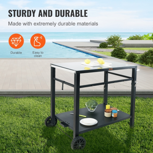 VEVOR Outdoor Grill Dining Cart with Double-Shelf, BBQ Movable Food Prep Table, Multifunctional Iron Table Top, Portable Modular Carts for Pizza