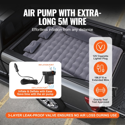 VEVOR 6-6.5 ft Truck Bed Air Mattress, for Full Size Truck Beds, Inflatable Air Mattress Camping Bed with 12V Air Pump 2 Pillows, Carry Bag, for