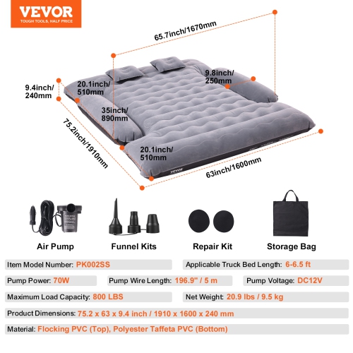 VEVOR 6-6.5 ft Truck Bed Air Mattress, for Full Size Truck Beds, Inflatable Air Mattress Camping Bed with 12V Air Pump 2 Pillows, Carry Bag, for