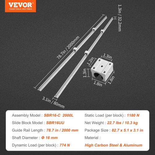 VEVOR SBR16 2000mm Linear Guide Rail Set, 2 PCS 78.7 in/2000 mm SBR16 Guide Rails and 4 PCS SBR16UU Slide Blocks, Rails and Bearings for Machines DIY