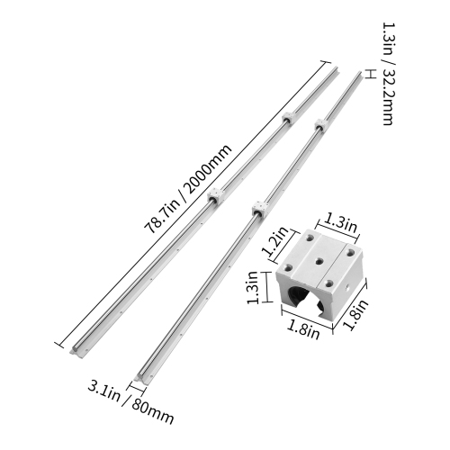VEVOR SBR16 2000mm Linear Guide Rail Set, 2 PCS 78.7 in/2000 mm SBR16 Guide Rails and 4 PCS SBR16UU Slide Blocks, Rails and Bearings for Machines DIY