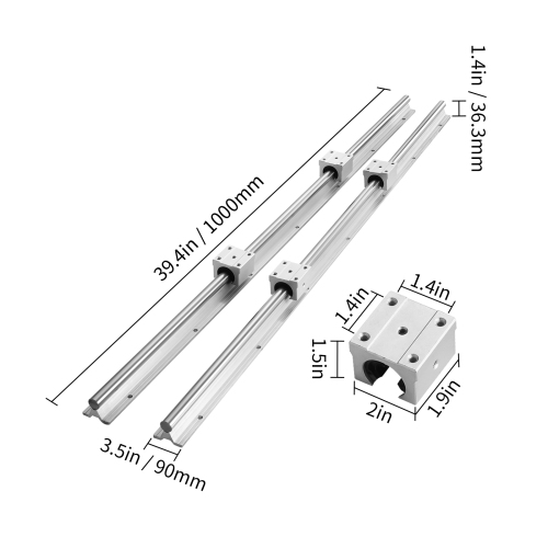 VEVOR 39.4 in/1000 mm Linear Guide Rail Set, SBR20 1000mm, 2 PCS SBR20 Guide Rails and 4 PCS SBR20UU Slide Blocks, Rails and Bearings for Machines