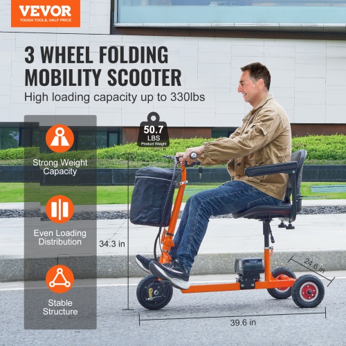 VEVOR Foldable 3 Wheel Mobility Scooter for Seniors, Portable Electric Powered with 12 Mile Range, All Terrain Travel Wheelchair with 48V Lithium-ion