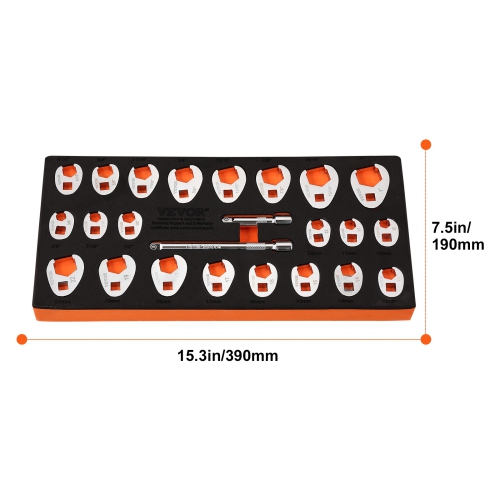 VEVOR 3/8" Drive Crowfoot Wrench Set with 2 Extension Bars, 24-Piece Crows Foot Wrench Set, SAE 3/8"-1" and Metric 10-22mm, CR-MO Steel Crowfoot