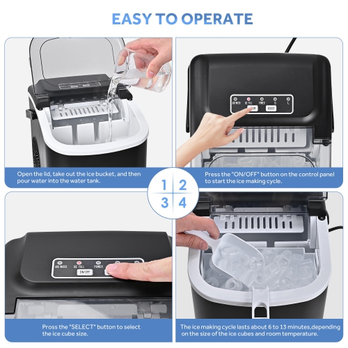 Countertop Ice Maker, 26lbs in 24Hrs, 9 Ice Cubes Ready in 6 Mins, Auto-Cleaning Portable Ice Making Machine Stainless Steel