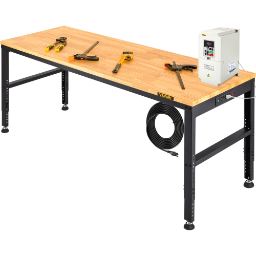 VEVOR  61"l X 20"w X 36"h Workbench Adjustable Height, Garage Table \w 27.1" - 36" Heights & 2000 Lbs Load Capacity, \w Power Outlets & Hardwood Top