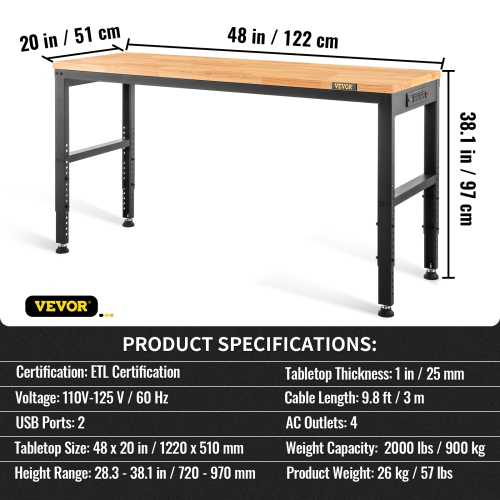 VEVOR 48"L X 20"W X 38.1"H Workbench Adjustable Height, Garage Table with 28.3" - 38.1" Heights & 2000 LBS Load Capacity, with Power Outlets &