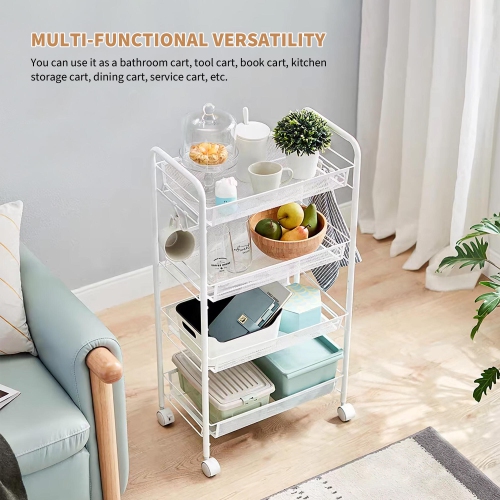 Chariot utilitaire en métal à 4 niveaux, chariot de rangement à roulettes avec 4 crochets, tablettes coulissantes