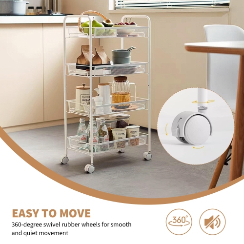 Chariot utilitaire en métal à 4 niveaux, chariot de rangement à roulettes avec 4 crochets, tablettes coulissantes