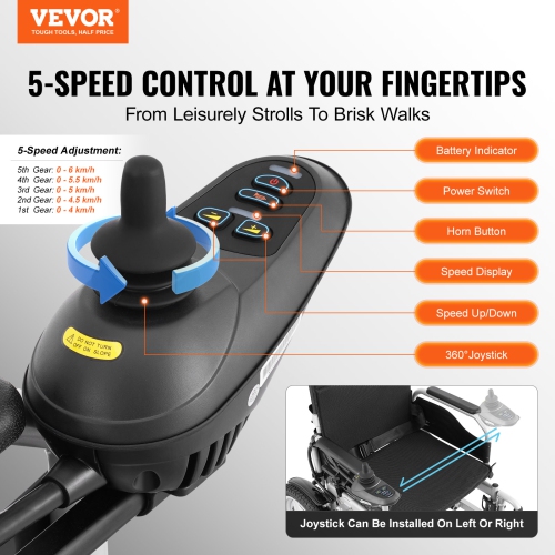 VEVOR 265 lbs Weight Capacity Electric Wheelchair, 17.5in Width Lightweight Foldable Motorized Power Wheelchairs, UP to 12.5Miles Range All Terrain