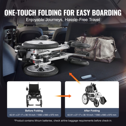 VEVOR 265 lbs Weight Capacity Electric Wheelchair, 17.5in Width Lightweight Foldable Motorized Power Wheelchairs, UP to 12.5Miles Range All Terrain