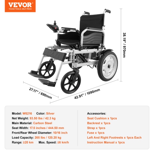 VEVOR 265 lbs Weight Capacity Electric Wheelchair, 17.5in Width Lightweight Foldable Motorized Power Wheelchairs, UP to 12.5Miles Range All Terrain