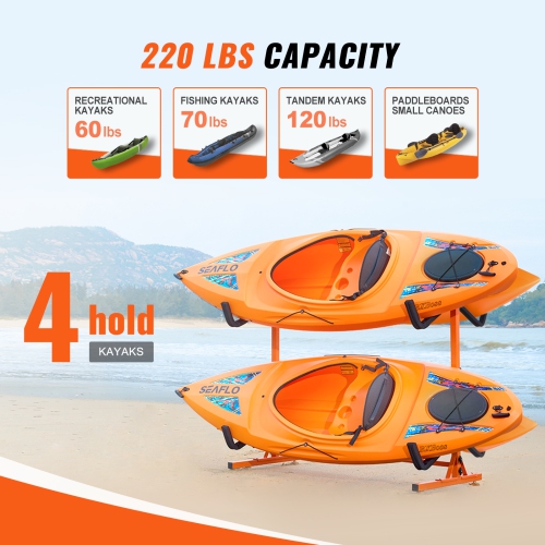 Charge maximale de 220 lb de VEVOR, support de rangement autonome pour kayak, support pour kayak de 4 canoës, porte-kayak en acier robuste avec