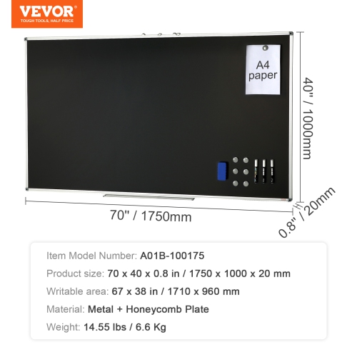 VEVOR 70 x 40 inch Black Board, Large Chalkboard with Aluminum Frame, Black Boards Dry Erase Includes 1 Magnetic Erase & 3 Dry Erase Markers, Black