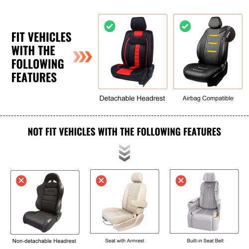 VEVOR Seat Covers, Universal Car Seat Covers Front Seats, 2pcs Faux Leather Seat Cover, Semi-enclosed Design, Detachable Headrest and Airbag