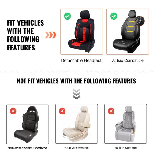 VEVOR Seat Covers, Universal Car Seat Covers Front Seats, 2pcs Faux Leather Seat Cover, Semi-enclosed Design, Detachable Headrest and Airbag