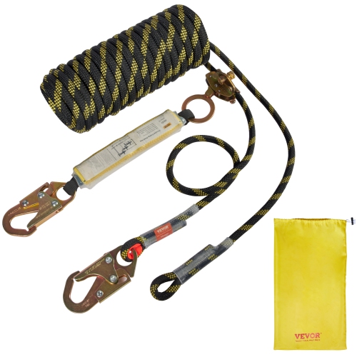 VEVOR 0.55'' x 50' Lifeline Assembly, Fall Protection Rope with 30 KN Breaking Tension, Polyester Roofing Rope with Steel Snap Hooks, Rope Grab, and