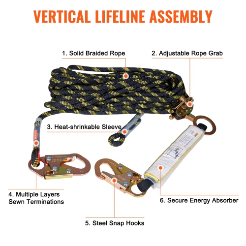 VEVOR 0.55'' x 50' Lifeline Assembly, Fall Protection Rope with 30 KN Breaking Tension, Polyester Roofing Rope with Steel Snap Hooks, Rope Grab, and