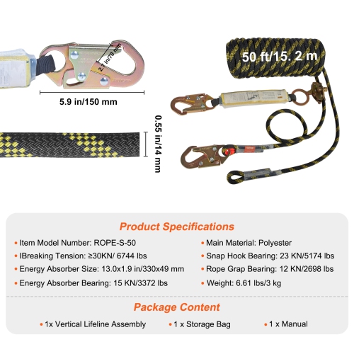 VEVOR 0.55'' x 50' Lifeline Assembly, Fall Protection Rope with 30 KN Breaking Tension, Polyester Roofing Rope with Steel Snap Hooks, Rope Grab, and