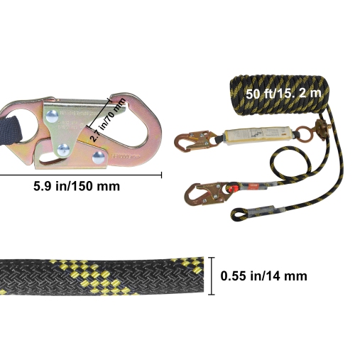 VEVOR 0.55'' x 50' Lifeline Assembly, Fall Protection Rope with 30 KN Breaking Tension, Polyester Roofing Rope with Steel Snap Hooks, Rope Grab, and