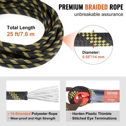 VEVOR 0.55'' x 25' Lifeline Assembly, Fall Protection Rope with 30 KN Breaking Tension, Polyester Roofing Rope with Steel Snap Hooks, Rope Grab, and