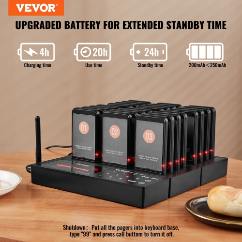 VEVOR 24 Restaurant Pager System, Wireless 400m Long Range Lineup Waiting Queue Signal, Guest Customer Calling Beepers with Vibration & Flashing, for