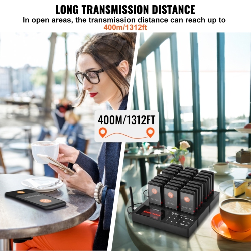 VEVOR 24 Restaurant Pager System, Wireless 400m Long Range Lineup Waiting Queue Signal, Guest Customer Calling Beepers with Vibration & Flashing, for